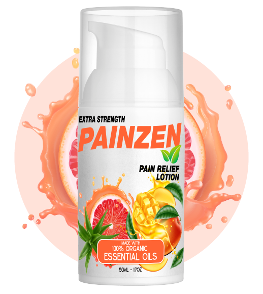 Clear product image of painzen pain relief lotion with mango slice and mango juice splashing in the background home page