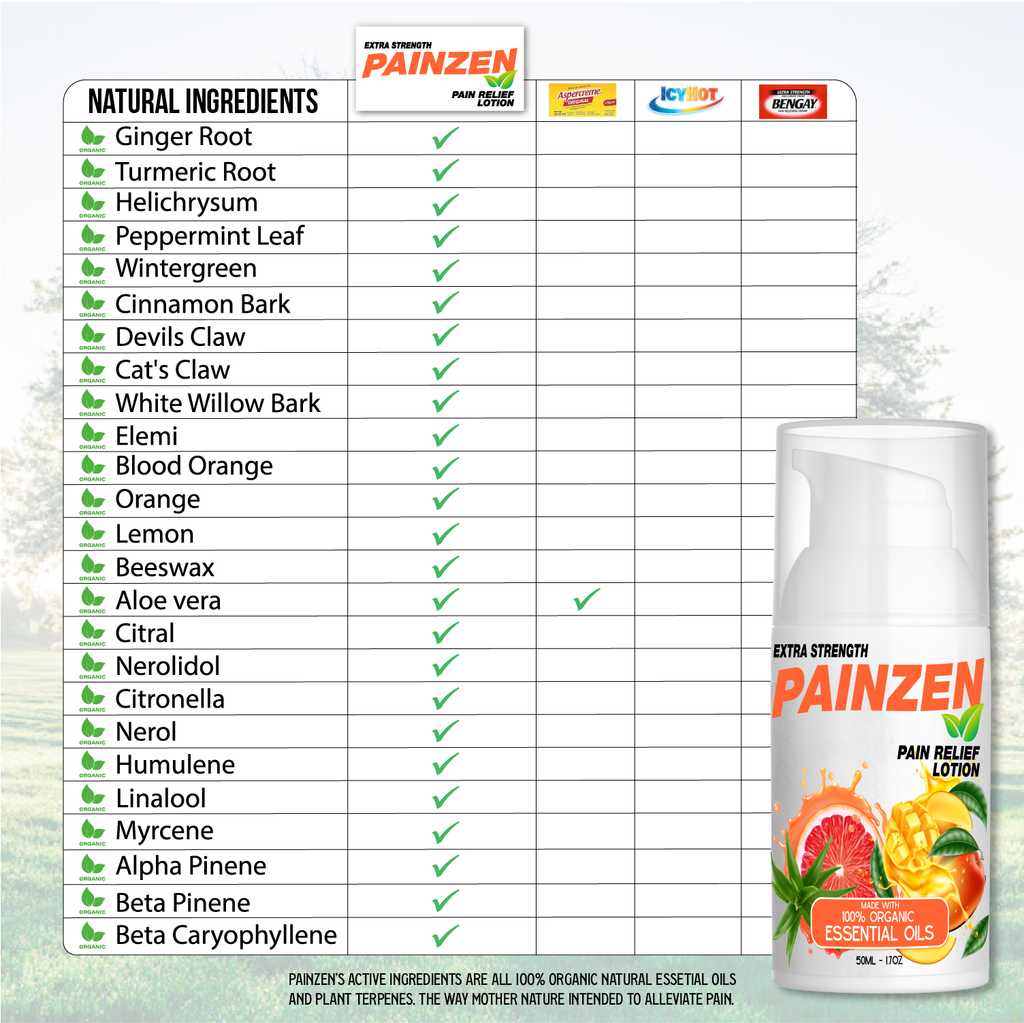 side by side comparison between 3 leading competitors and how painzen pain relief lotion has the most natural ingredients by far