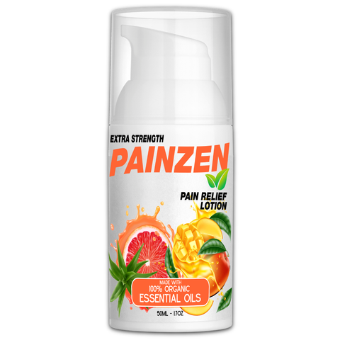 Product image of painzen pain relief lotion with fruits splashing in front indicating fresh scented pain relief lotion